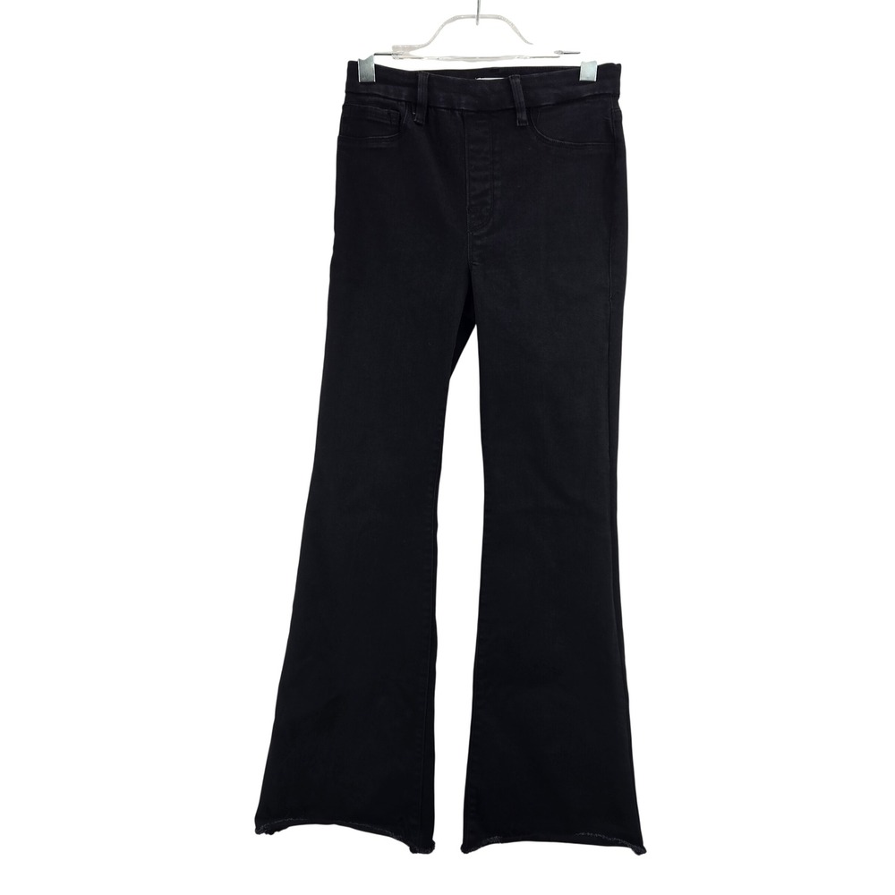 Good American Pull On Flare Jeans Black Power Stretch Raw‎ Hem Mid Rise  Size M